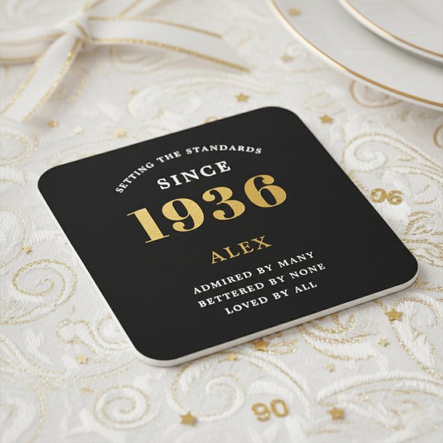 90th Birthday Name 1936 Year Black Gold Custom Square Paper Coaster (1936 paper coaster. White background.)
