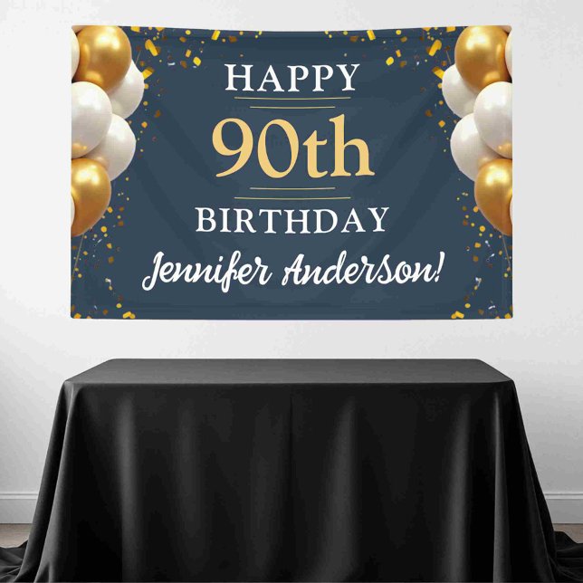 90th Birthday Navy Blue and Gold Celebration Banner (Creator Uploaded)