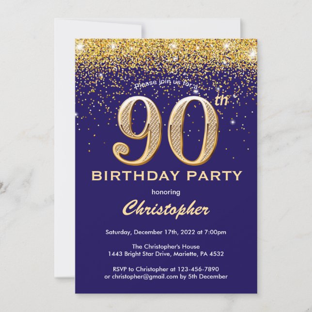 90th Birthday Navy Blue and Gold Glitter Confetti Invitation (Front)