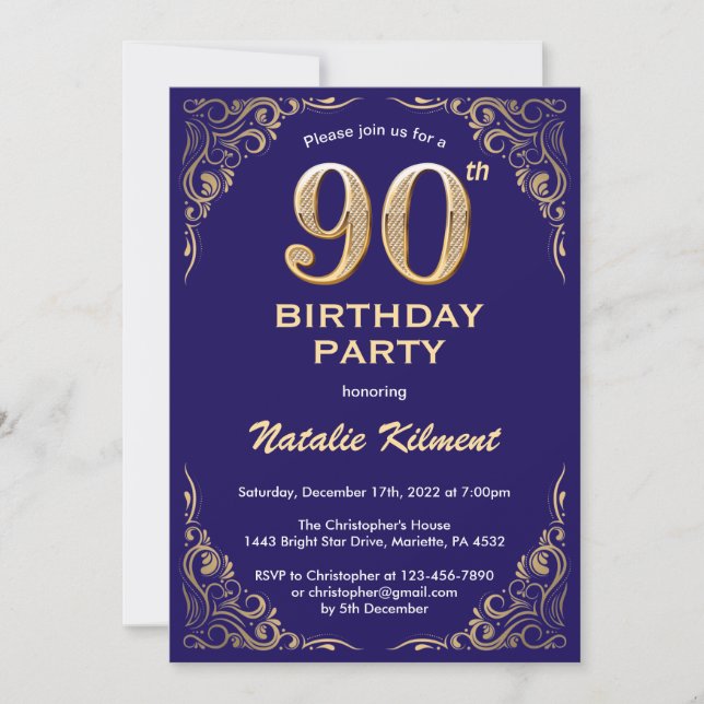 90th Birthday Navy Blue and Gold Glitter Frame Invitation (Front)