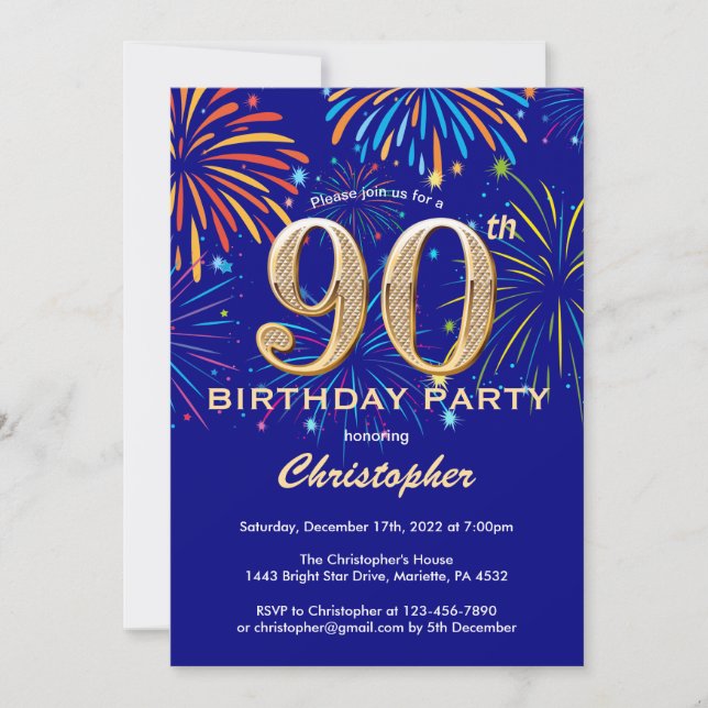 90th Birthday Navy Blue and Gold Rainbow Fireworks Invitation (Front)