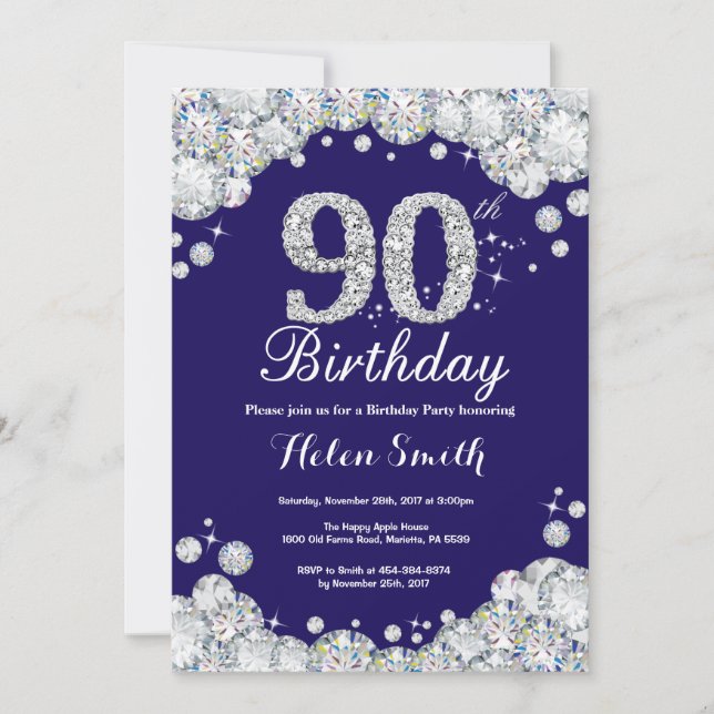 90th Birthday Navy Blue and Silver Diamond Invitation (Front)