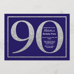 90th Birthday Navy Blue and Silver Glitter Invitation