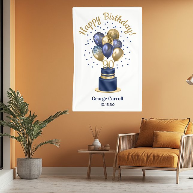 90th Birthday Navy Blue Balloon Cake Banner (Creator Uploaded)