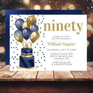 90th Birthday Navy Blue Balloon Cake Invitation