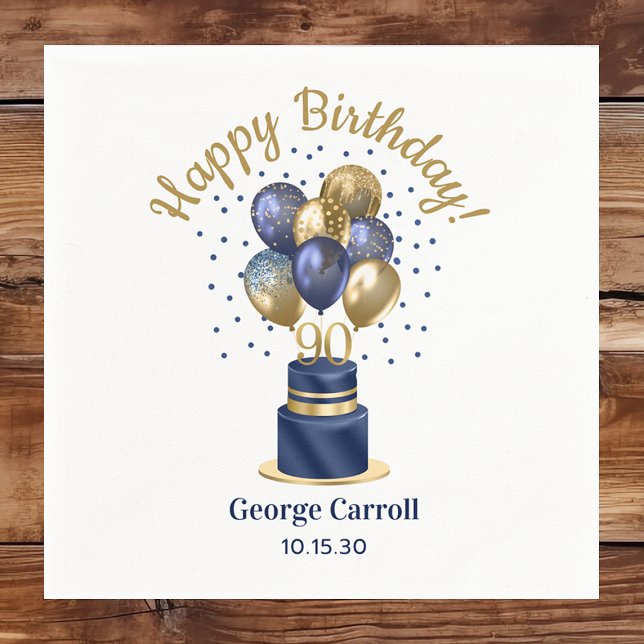 90th Birthday Navy Blue Balloon Cake Napkin (Creator Uploaded)