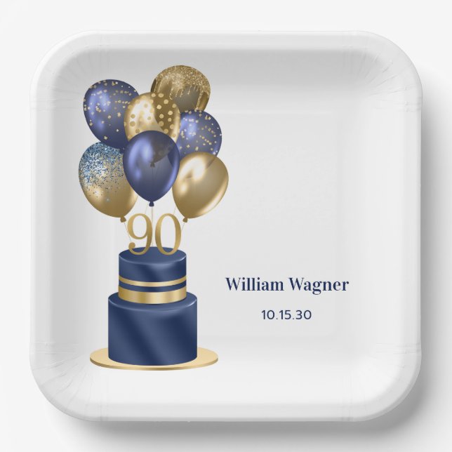 90th Birthday Navy Blue Balloon Cake Paper Plate (Front)