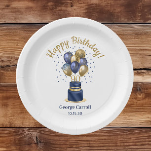 90th Birthday Navy Blue Balloon Cake Paper Plate