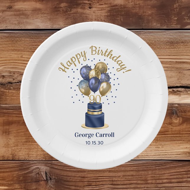 90th Birthday Navy Blue Balloon Cake Paper Plate (Creator Uploaded)