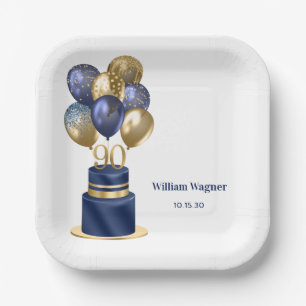 90th Birthday Navy Blue Balloon Cake Paper Plate