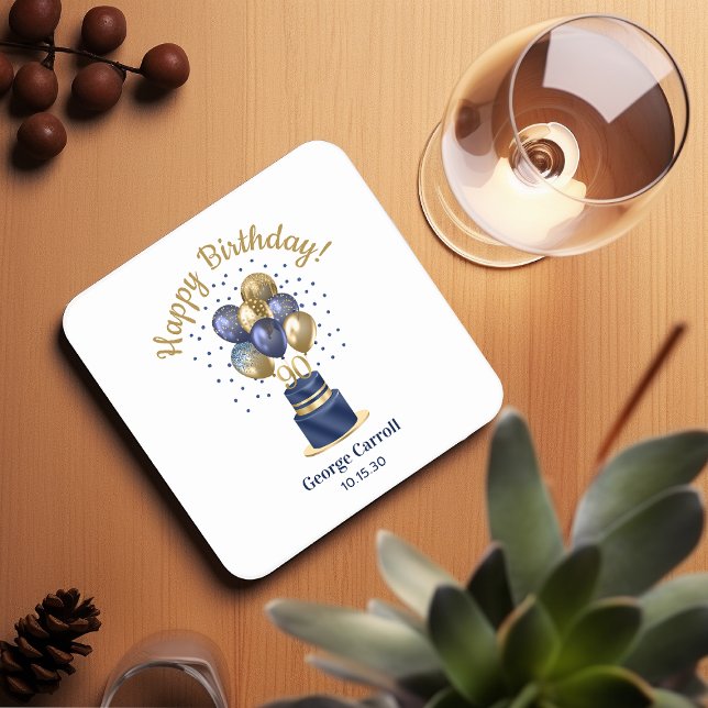 90th Birthday Navy Blue Balloon Cake Square Paper Coaster (Creator Uploaded)