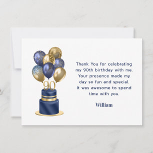 90th Birthday Navy Blue Balloon Cake Thank You Card