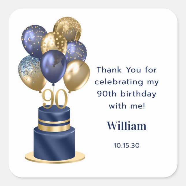 90th Birthday Navy Blue Balloon Cake Thank You Square Sticker (Front)