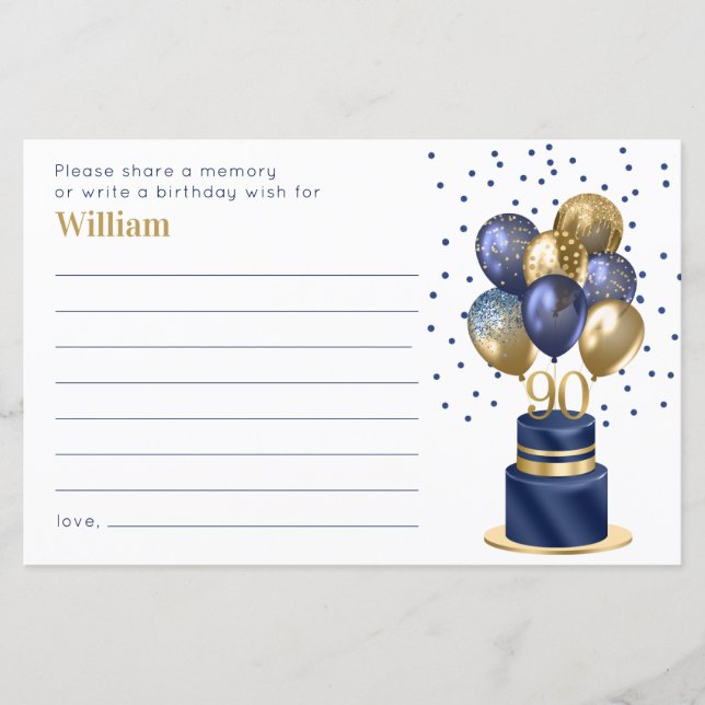 90th Birthday Navy Blue Balloon Cake Wishes Memory (Front)