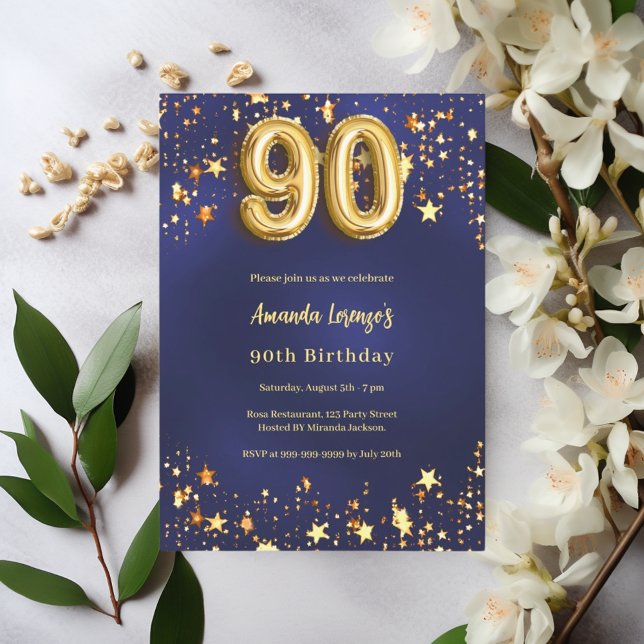 90th birthday navy blue gold stars invitation (Creator Uploaded)