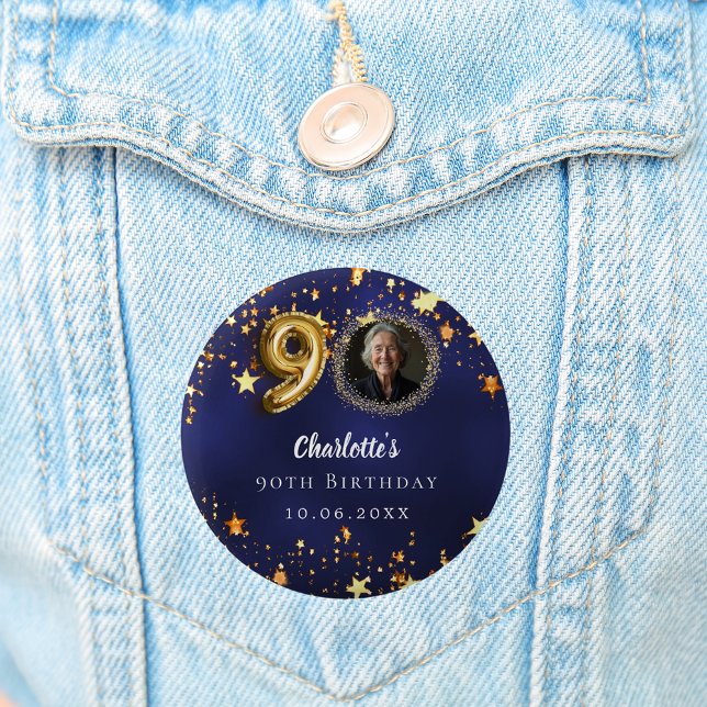 90th birthday navy blue gold stars photo 6 cm round badge (Creator Uploaded)