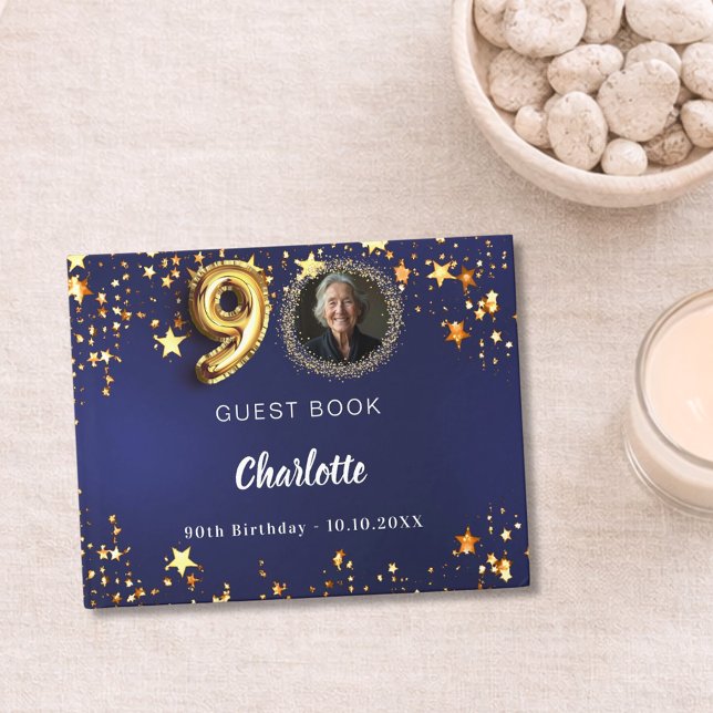 90th Birthday navy blue gold stars photo Guest Book (Creator Uploaded)