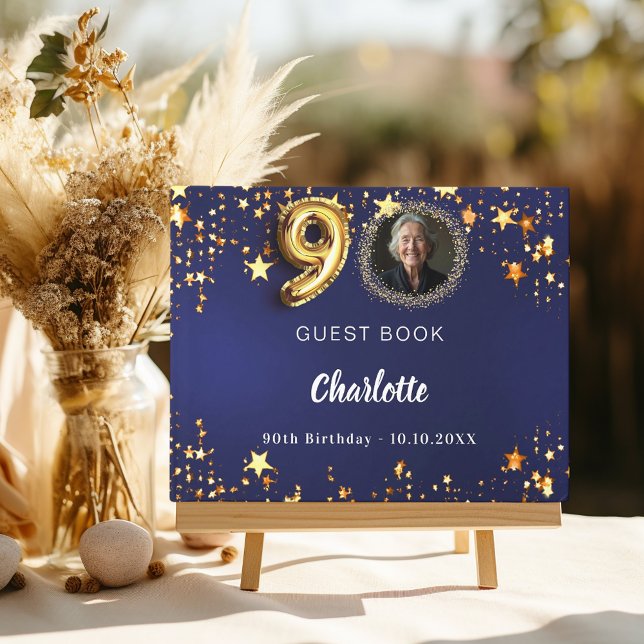 90th Birthday navy blue gold stars photo Guest Book (Creator Uploaded)