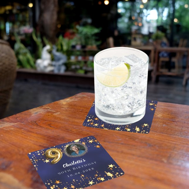 90th birthday navy blue gold stars photo square paper coaster (Creator Uploaded)