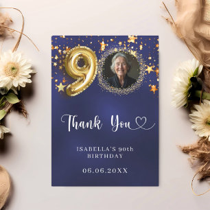 90th birthday navy blue gold stars photo thank you card