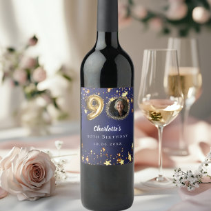 90th birthday navy blue gold stars photo wine label