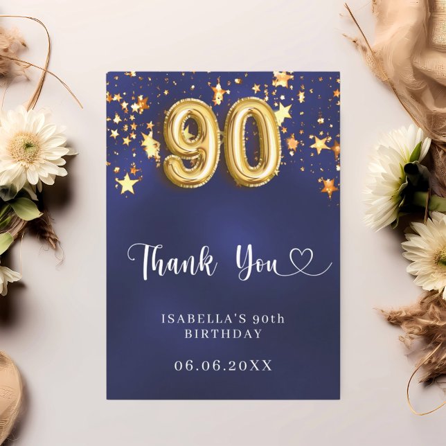 90th birthday navy blue gold stars thank you card (Creator Uploaded)