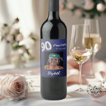 90th Birthday navy blue photo Wine Label<br><div class="desc">A navy blue background. The blue colour is uneven. Personalise and add a date,  name and a photo.  Age number written with a faux silver looking balloon style font.</div>