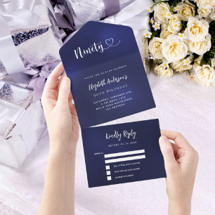 90th Birthday navy blue silver rsvp All In One Invitation