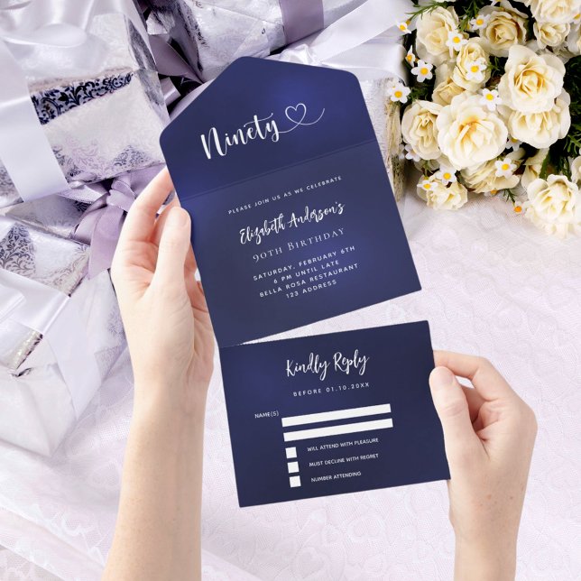 90th Birthday navy blue silver rsvp All In One Invitation (Creator Uploaded)