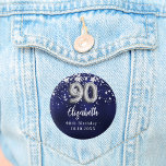 90th birthday navy blue silver stars 3 cm round badge<br><div class="desc">For a 90th birthday party. A navy blue background colour with faux silver stars. The blue colour is uneven.  Add your name,  text.
Can be used as a Save the Date reminder for your guests,  party favour or as a keepsake.</div>
