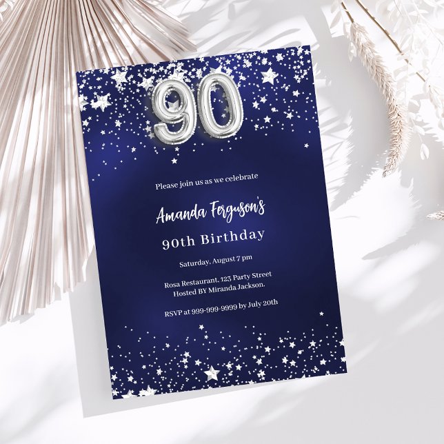 90th birthday navy blue silver stars invitation (Creator Uploaded)