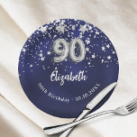 90th Birthday navy blue silver stars Paper Plate<br><div class="desc">For a 90th birthday celebration. A navy blue background colour with faux silver stars. The blue colour is uneven.  Add your name,  text.</div>