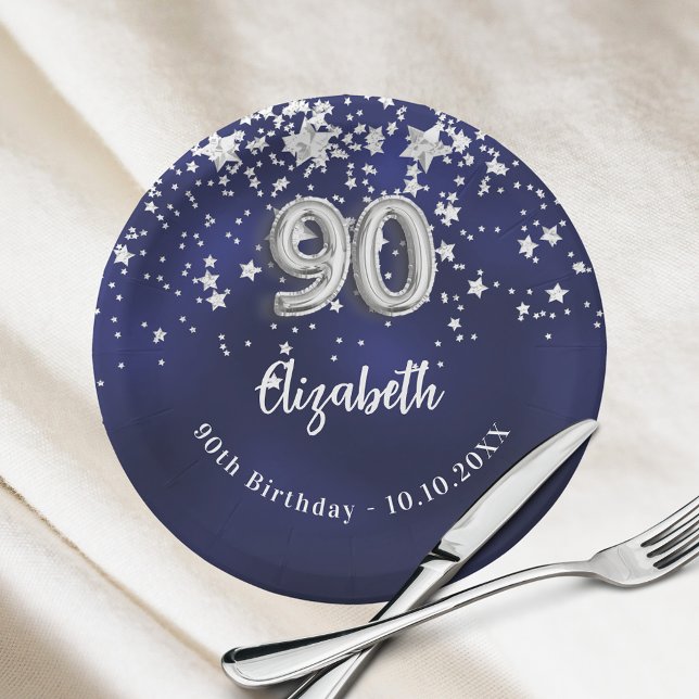 90th Birthday navy blue silver stars Paper Plate (Creator Uploaded)