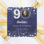 90th birthday navy blue silver stars photo square sticker<br><div class="desc">Navy blue uneven coloured background, decorated with faux silver stars. Personalise and add a photo, name, age, date. Celebrate in Style – 90th Birthday Blue & Gold Photo stickers. Add a personal touch to your milestone celebration with these elegant 90th birthday stickers. Featuring a stylish blue background, silver looking stars,...</div>