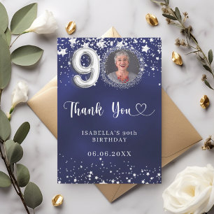 90th birthday navy blue silver stars photo thank you card