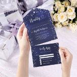 90th Birthday navy blue silver stars rsvp All In One Invitation<br><div class="desc">A navy blue background,  decorated with stars. The blue colour is uneven.  Personalise and add name,  party details,  RSVP date,  return address and name. Ninety is written with a heart.</div>