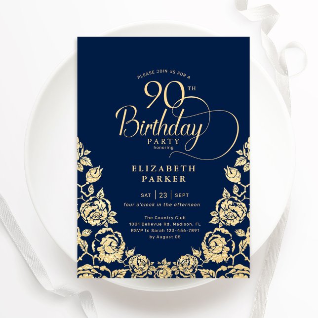 90th Birthday Navy Gold Roses Invitation (Creator Uploaded)