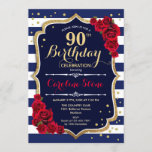 90th Birthday - Navy White Stripes and Red Roses Invitation<br><div class="desc">90th Birthday Invitation
Elegant navy white red design with faux glitter. Navy and white stripes with red roses. Perfect for a stylish birthday party.</div>
