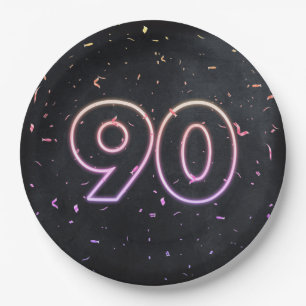 90th Birthday Neon Sign On Black Paper Plate