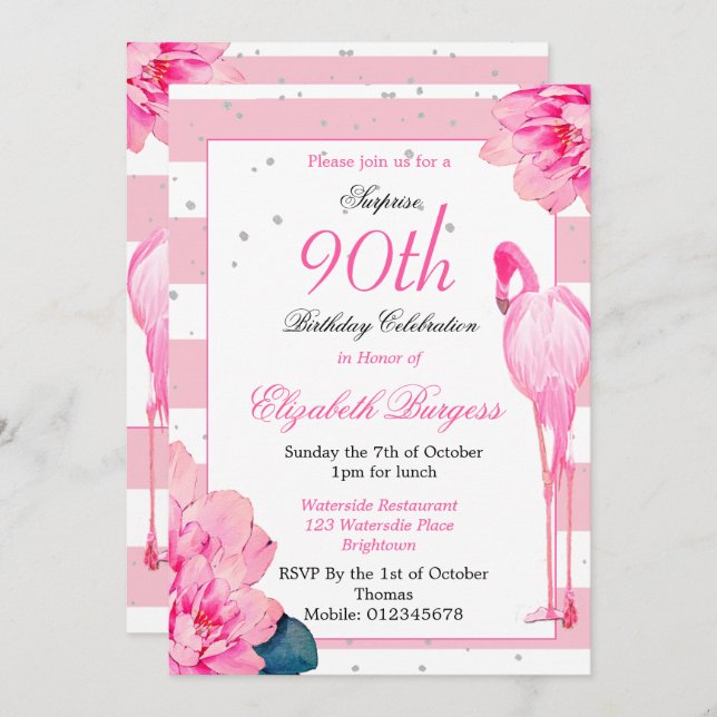 90th Birthday Ninetieth Flamingo Pink  Monogram Invitation (Front/Back)