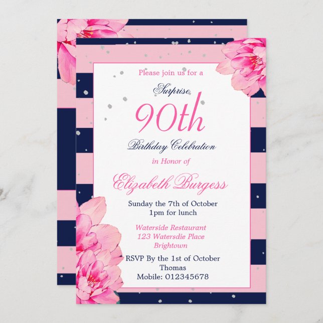 90th Birthday Ninetieth Roses Navy Pink  Monogram Invitation (Front/Back)