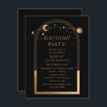 90th Birthday Ninety Celestial Black Gold Invitation<br><div class="desc">90th Birthday Ninety Ninetieth Celestial Mystical Black Gold Sun Moon Astronomy Birthday Invitations Invites features gold sun,  moon and stars with a golden frame on a black background. Inside is your custom birthday invitation information. Designed for you by Evco Studio. View the coordinating collection at www.zazzle.com/store/evcostudio</div>