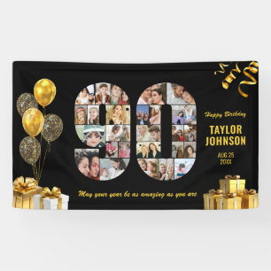 90th Birthday Number 90 Photo Collage Black Gold Banner