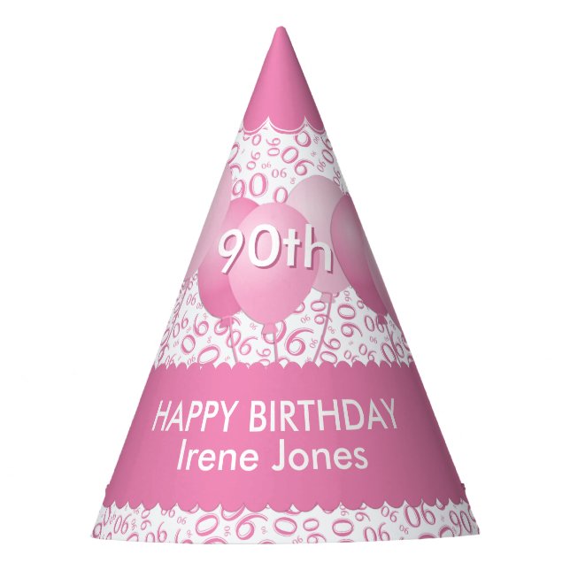 90th Birthday Number Pattern Pink/White Scallops Party Hat (Front)