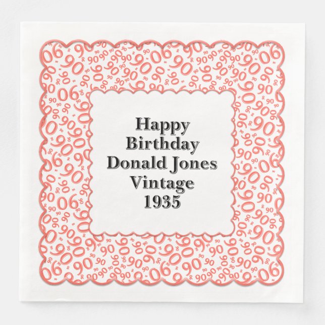 90th Birthday Number Pattern Scallops Coral/White Napkin (Front)