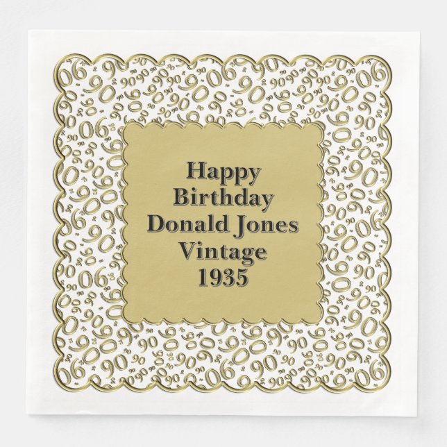 90th Birthday Number Pattern Scallops Gold/White Napkin (Front)