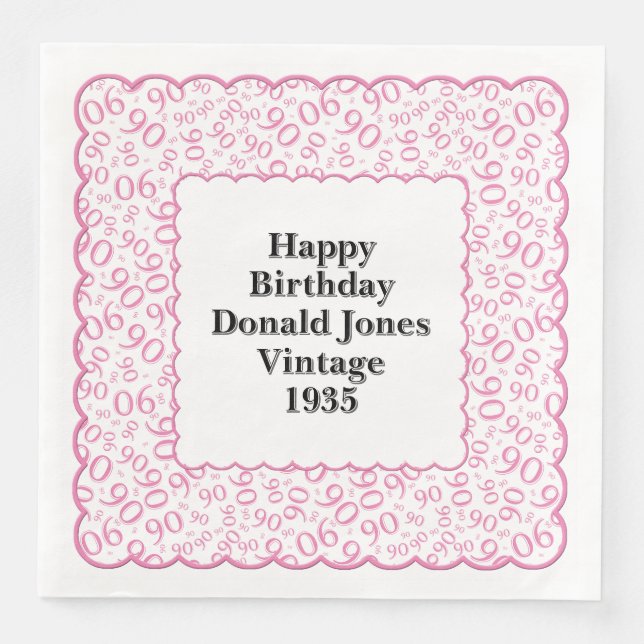 90th Birthday Number Pattern Scallops Pink/White Napkin (Front)