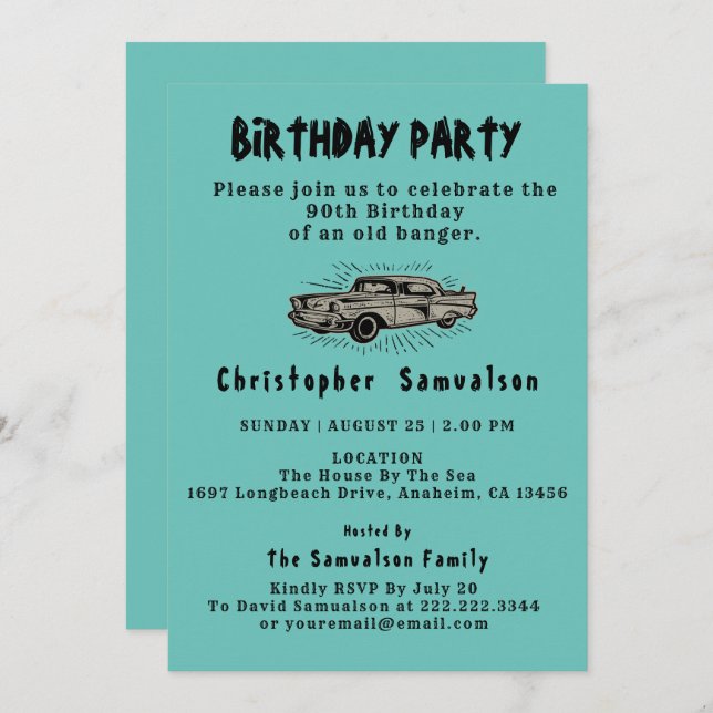 90th Birthday Old Banger Car Enthusiast Vintage Invitation (Front/Back)