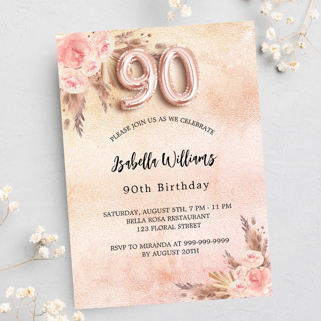 90th birthday pampas grass rose gold floral luxury invitation (Creator Uploaded)