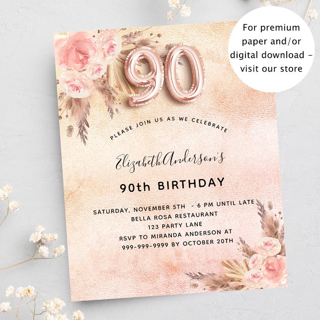 90th birthday pampas grass rose invitation (Creator Uploaded)